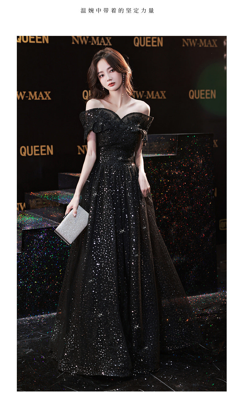 Banquet Small Evening Dress Dress Women's Sexy Charming Black Wedding Dress Birthday off-Shoulder Host Adult Ceremony