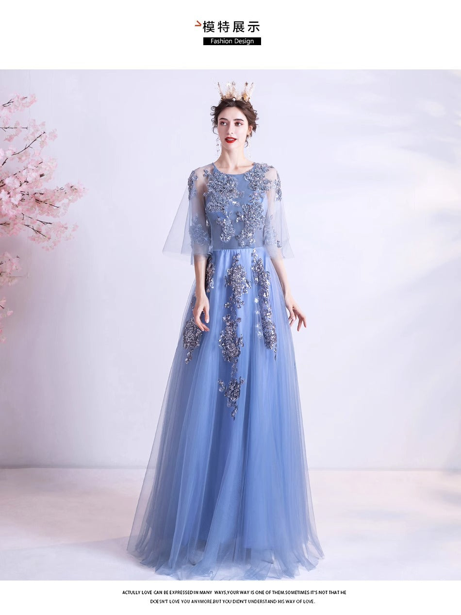 Blue Veils Slimming Banquet Annual Meeting Stage Performance Host Wedding Dress Evening Gown 273