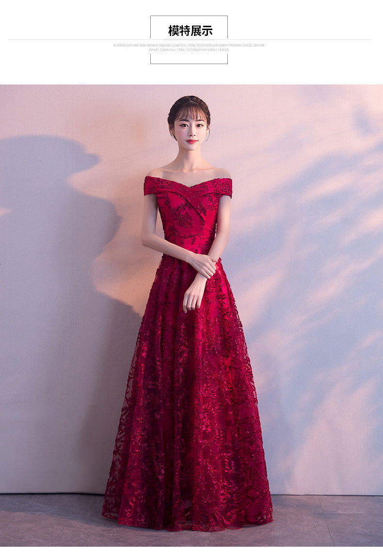 2024 New Summer Red Lace Off-Shoulder Long Slimming Wedding Evening Dress for Bride