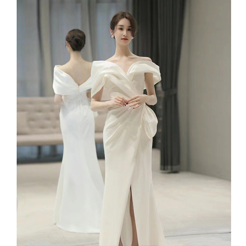 off-Shoulder White French Suit 2024 New Winter Light Luxury Minority High-End Engagement Fishtail High-End Evening Dress