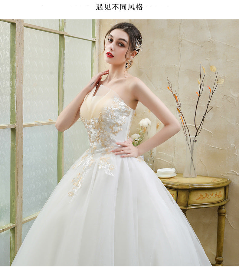 New Wedding Dress Forest Style French Strapless Bride Slimming Simple Wedding Gown Floor-Length Outdoor Veil Light
