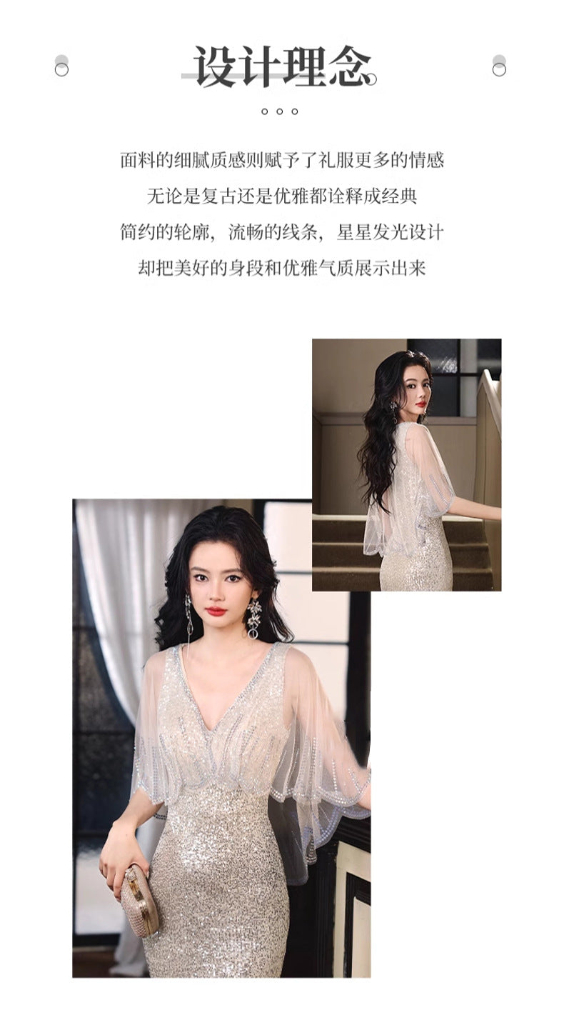 Silver V-neck Sequins Dress plus Size Shawl Fashion Minority Design Birthday Banquet Host Fishtail Dress