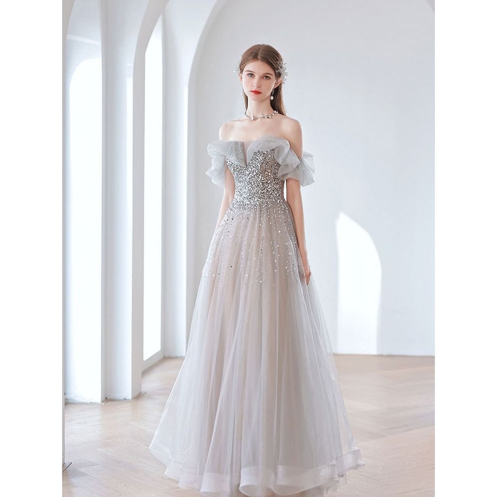 Temperament Banquet Evening Dress for Women 2024 New Autumn Bridal off-Shoulder Gray Elegant Dress for Host