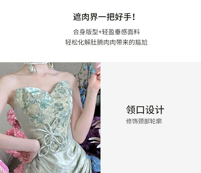 New Chinese Style Morning Gowns Women's 2024 New Tube Top Bride Engagement Toast Clothing Banquet Temperament Host Evening Dress Skirt