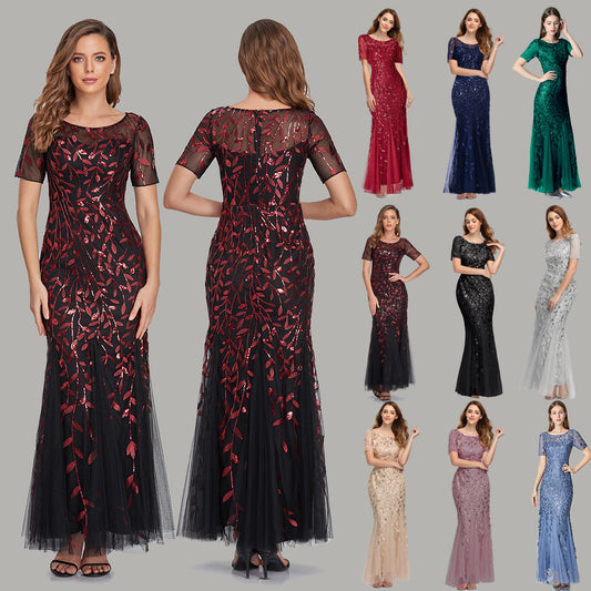 Spring and Summer Cross-Border 2024 Banquet Host European and American Slim Mesh Sequins Evening Dress Fishtail Dress Women