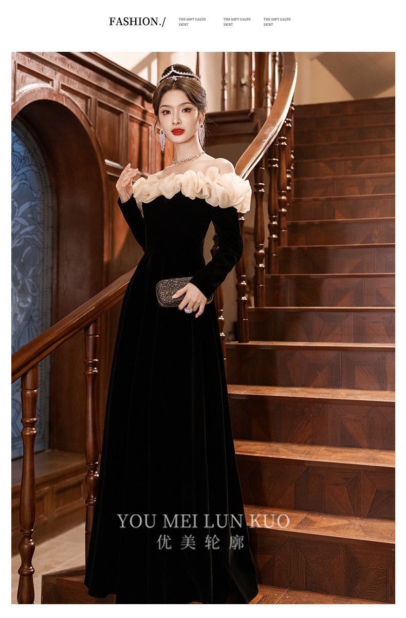 off-Shoulder Black Evening Dress 2024 New Banquet Temperament Host French Entry Lux Niche Long Sleeve Autumn and Winter