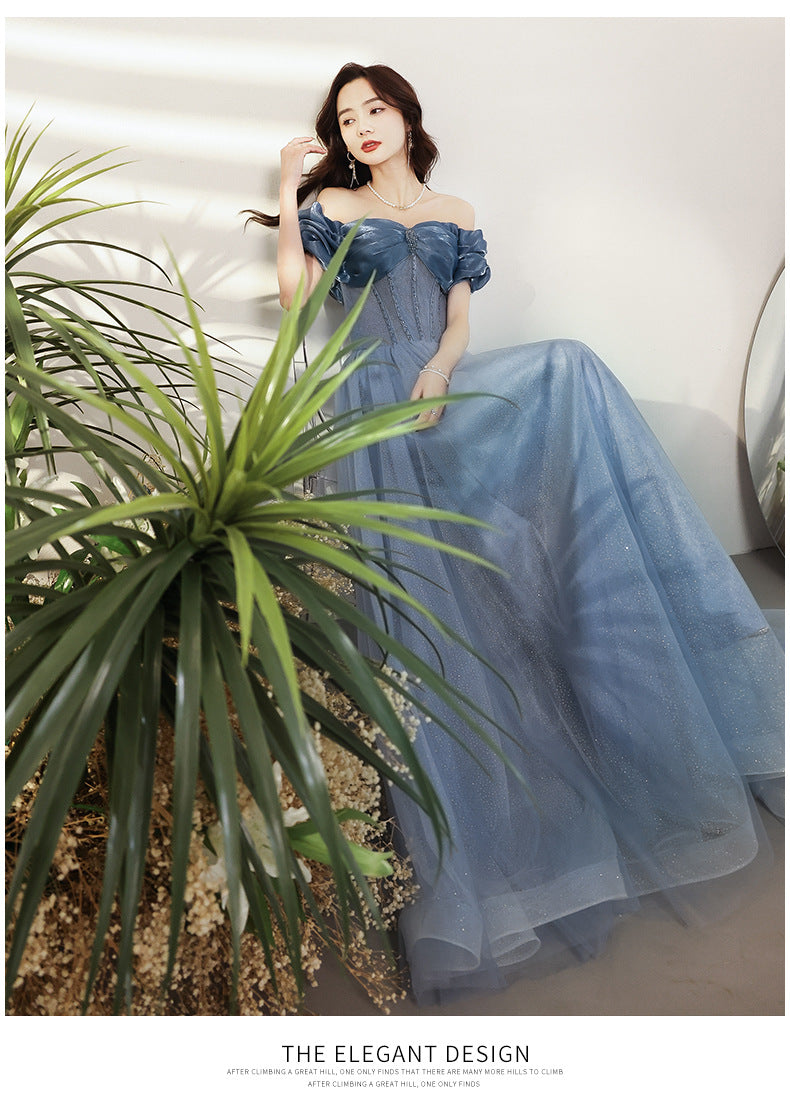 Blue Evening Dress Women's off-Shoulder 2024 New Autumn Banquet Temperament Performance Host Texture Art Exam Dress