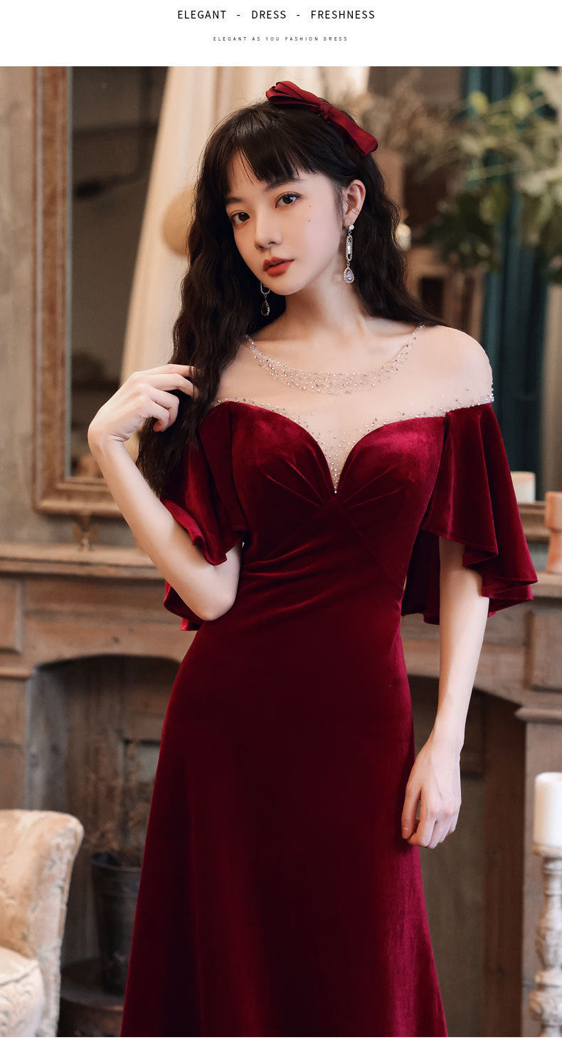 Toast Dress Bride 2024 New Autumn Wine Red V-neck Banquet Evening Dress Elegant Figure Flattering Wedding Toast Dress