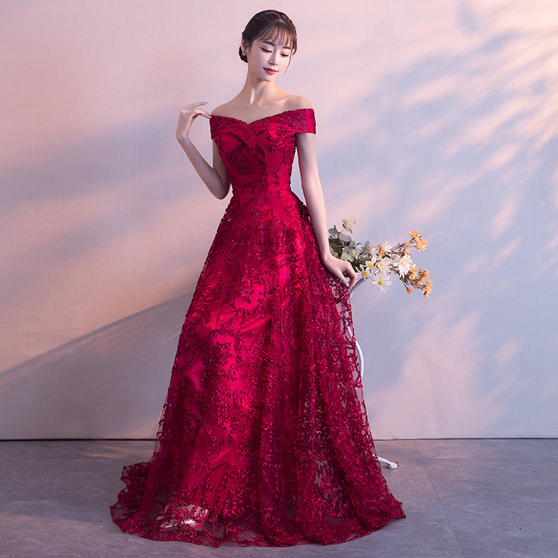 2024 New Summer Red Lace Off-Shoulder Long Slimming Wedding Evening Dress for Bride