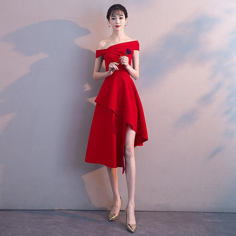 off-Shoulder Toast Dress 2023 Summer New Modern Bride Wedding Red Banquet Small Evening Dress Skirt Women's Slimming