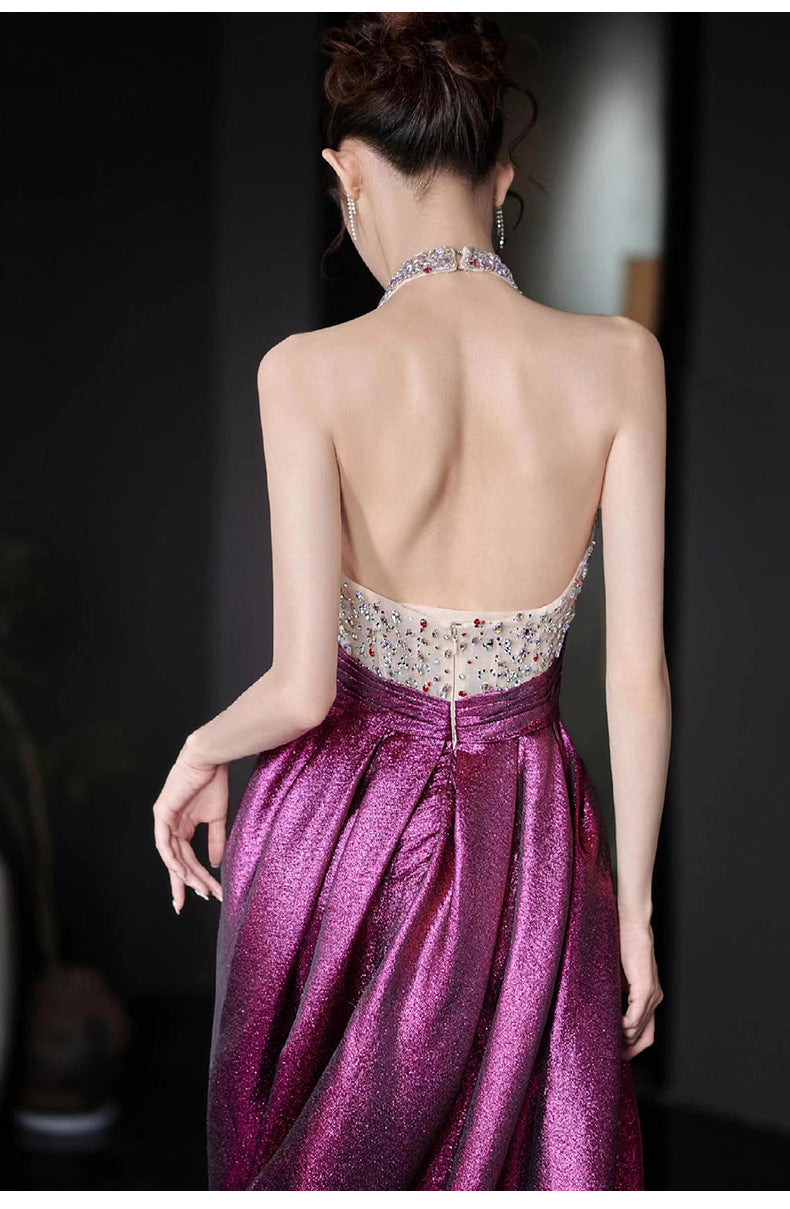 Halter Evening Dress 2024 New High Sense Heavy Industry Beads Banquet Temperament Host Bride Engagement Toast Clothing