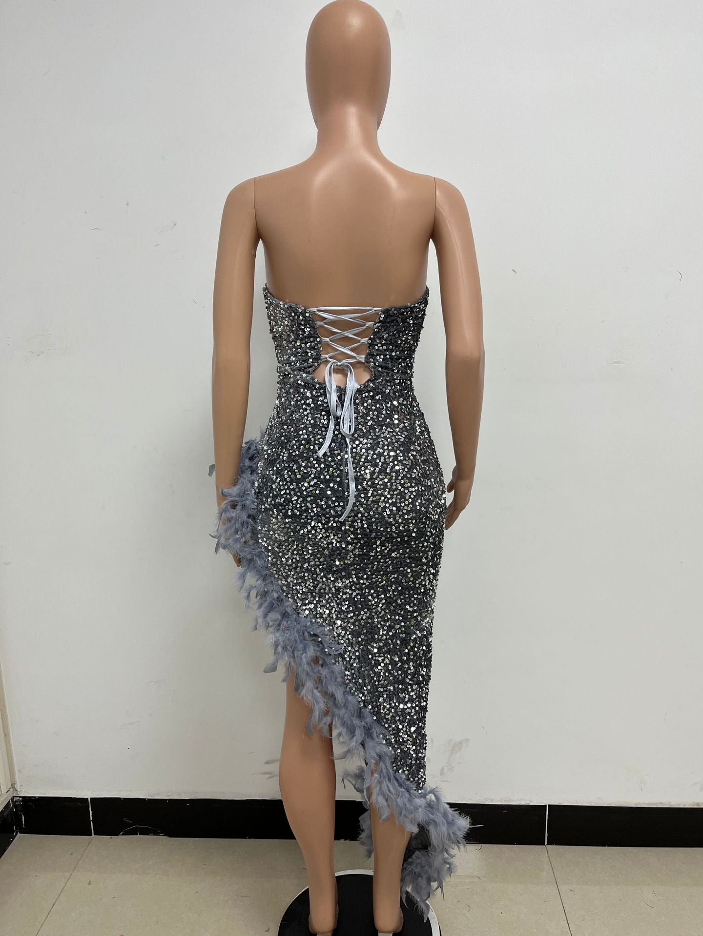 INS Europe and America Cross Border Women Wish Amazon EBay Independent Station Tube Top Backless Sequined Feather Dress Female