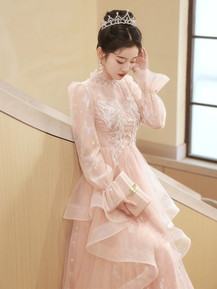 Evening Dresses Gala For Women Party Banquet Host Pink Princess Long Sleeve Embroidery Flower Fairy Dress H800