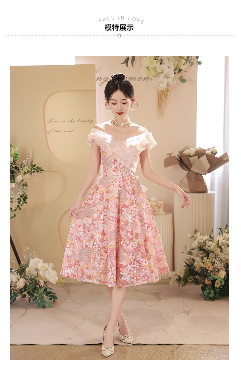 off-Shoulder Slimming Peach Blossom Pink Evening Dress High-End Affordable Luxury Niche Art Exam Solo Dress Engagement License Dress