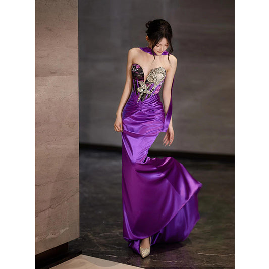 New Chinese Style Morning Gowns Women's 2024 New Design Sense Niche Bride Engagement Skirt Small Size in Purple Trailing Tube Top Toast Clothing