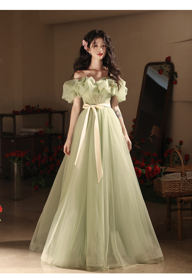 off-Shoulder Evening Dress High-End Affordable Luxury Niche Atmosphere Host Annual Party Dress Student Art Exam Performance Green