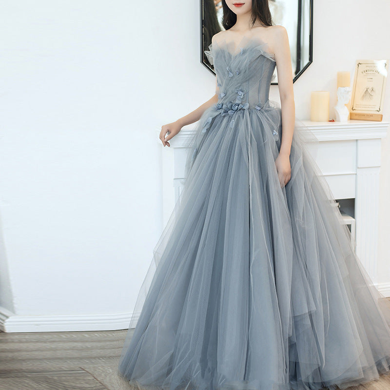 Elegant Gown Evening Dress Long Art Exam Vocal Music Host Pettiskirt Costume Grey Dresses HJ2203