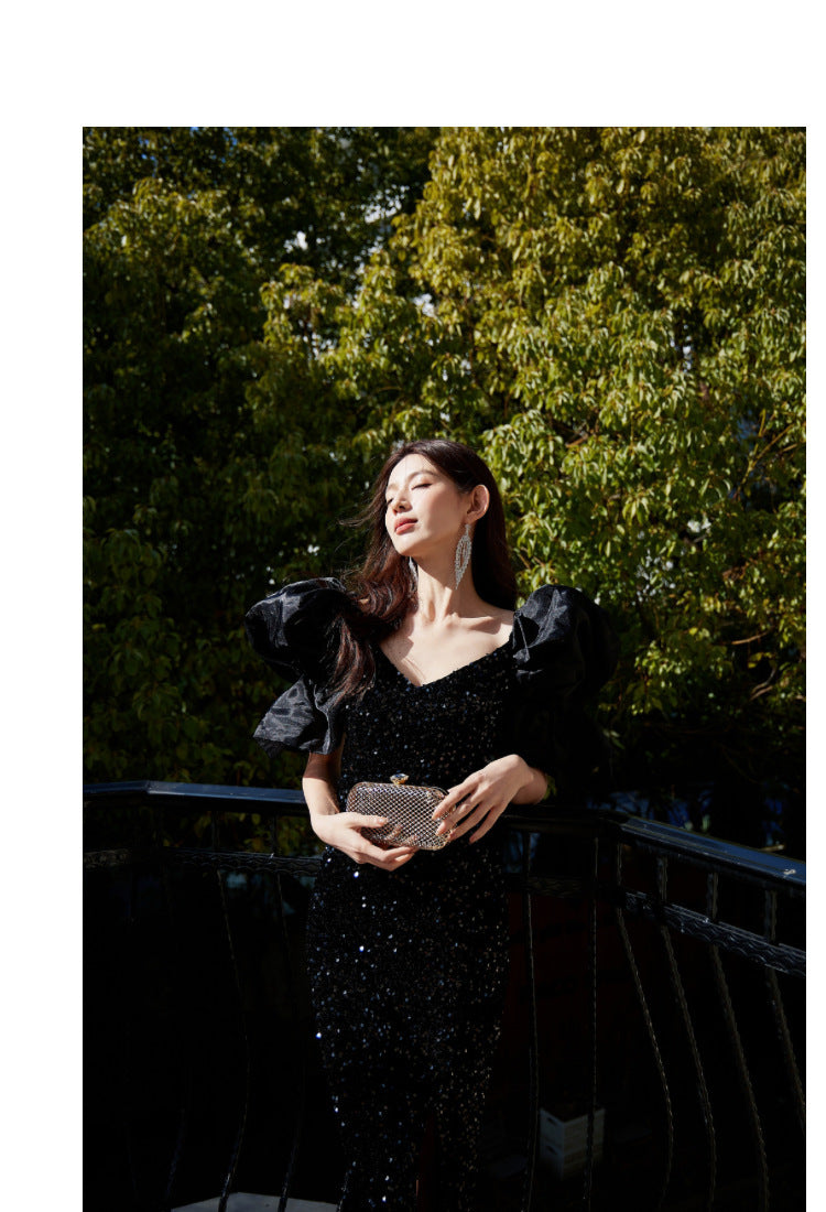 European and American Evening Dress Retro Party Exaggerated Puff Sleeve Sequined Small Dress Design Sense Slit Sheath Skirt Toast Clothing