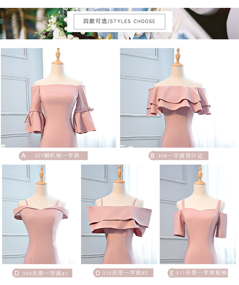 Ladybros' Dress 2023 Summer Autumn New Style off-Shoulder Annual Meeting Pink Figure Flattering Fishtail Dress for the Besties Bridesmaid Dress for Women