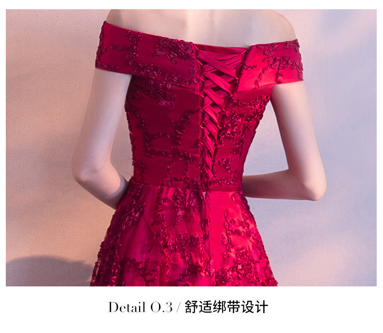 2024 New Summer Red Lace Off-Shoulder Long Slimming Wedding Evening Dress for Bride