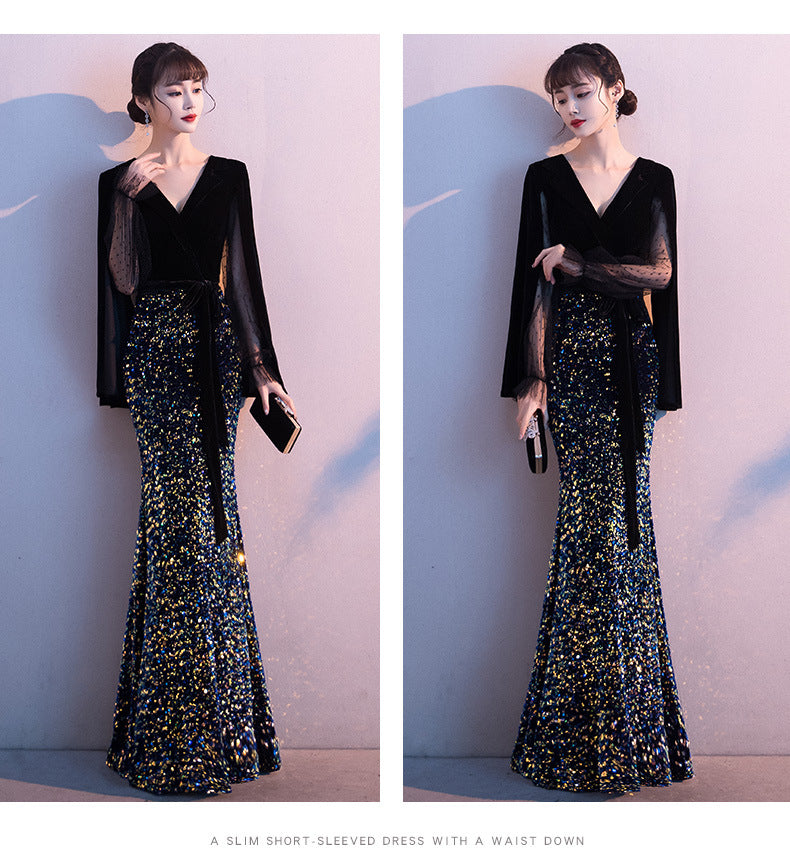 Black Evening Dress Women's Fishtail Elegant Annual Meeting Host Banquet Dress, New Summer 2024