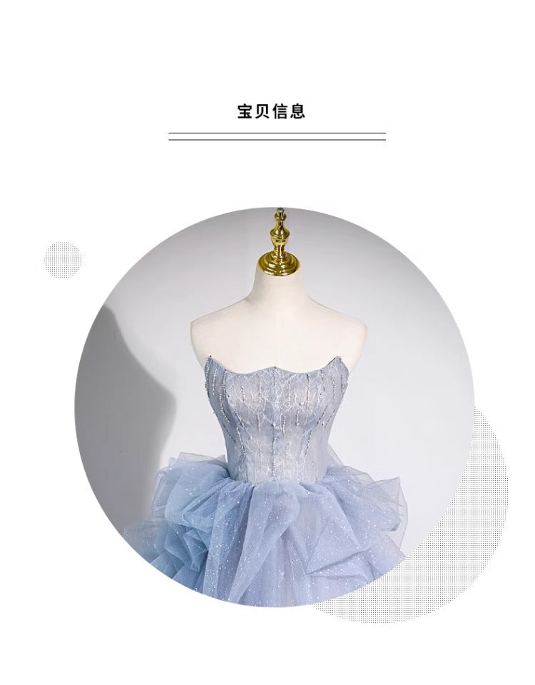 off-Shoulder Evening Dress Haze Blue Piano Performance Adult Ceremony Wedding Dress Bel Canto Solo Blue Gauze Skirt Art Test H2839