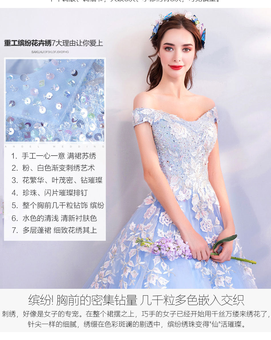 Super Fairy Wedding Dress 2024 Autumn Blue Flower Art Exam Catwalk Fashion Trend Foreign Trade Banquet Evening Dress for Women