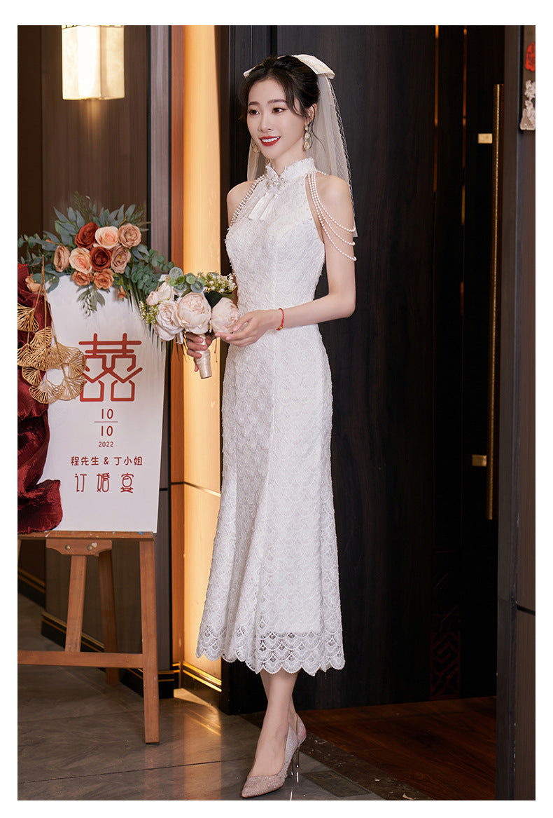 New Chinese Style Registration Slim White Dress Autumn and Winter Improvement Young Cheongsam Engagement Bride Lace Fishtail Dress