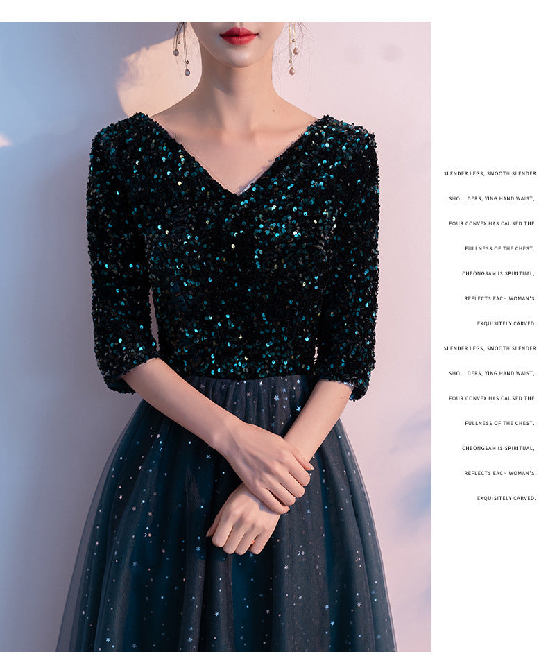 Dark Green Annual Party Evening Dress 2024 Autumn New Fashion Sexy V-neck Banquet Host Long Dress