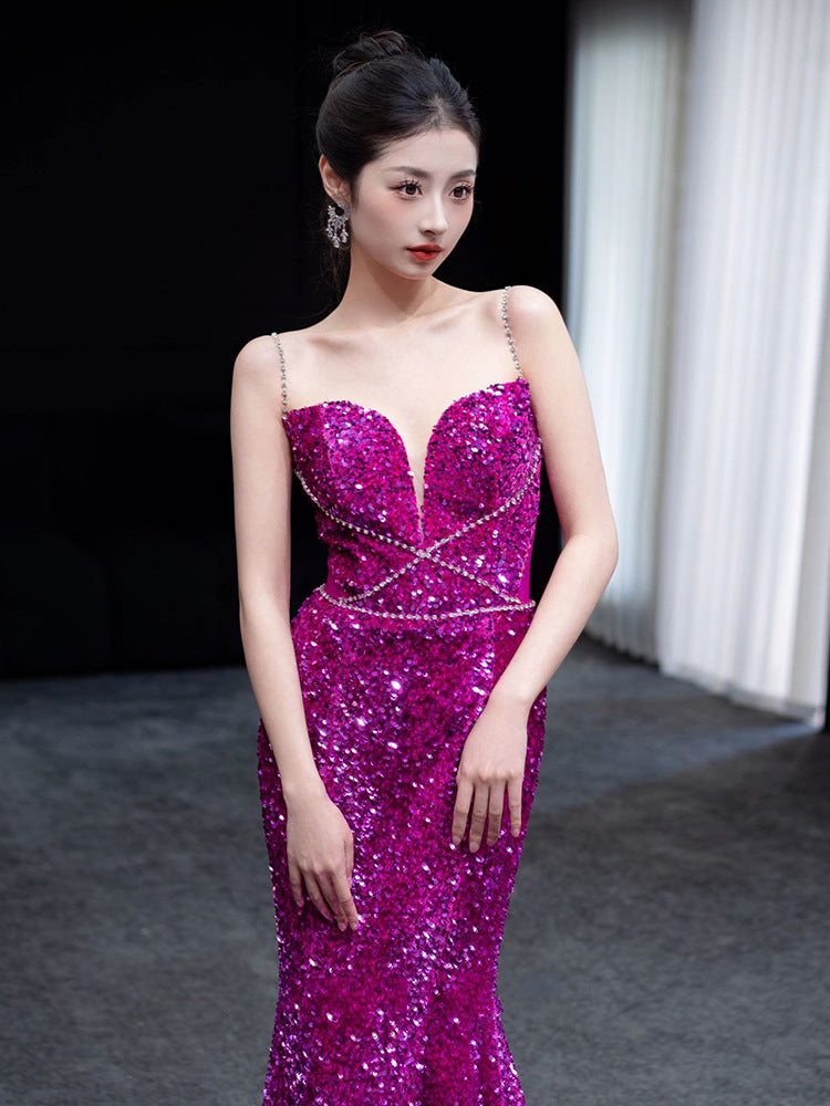 French Style Fishtail Toast Dress Bride High-Grade Sequined Evening Dress Morning Gowns Strap Engagement Dress Banquet Host Women
