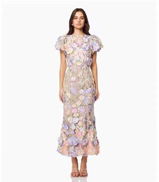 Spring 2024 Cross-Border New Arrival Light Luxury round Neck Embroidered Three-Dimensional Flower Puff Sleeve Mid-Length Dress Hip Skirt