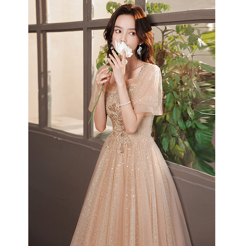 Champagne Evening Dress for Women Banquet Temperament Light Luxury Minority High-End High-Grade Host Summer Art Exam Engagement Dress