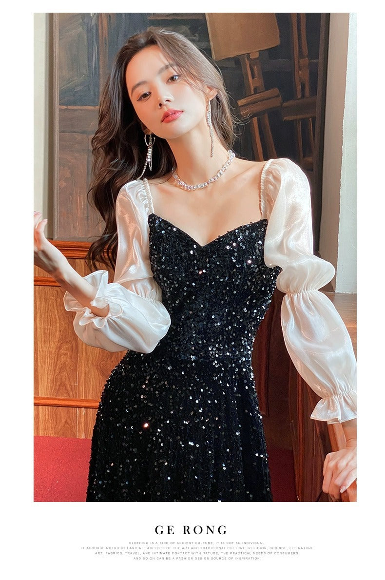 Black Annual Party Dress Female 2024 New High-End Temperament Host Adult Ceremony High-Grade Long Sleeve Noble