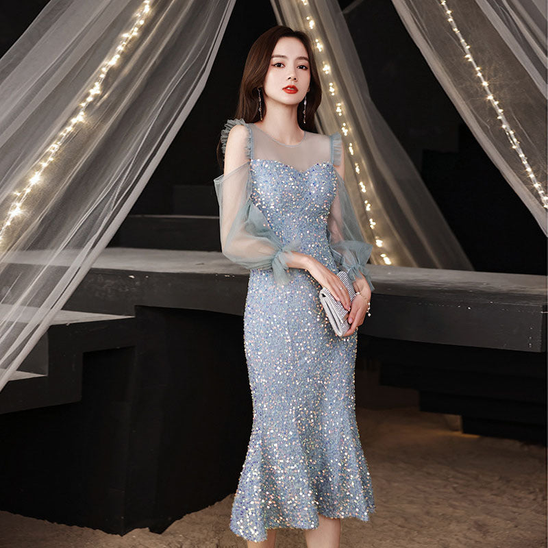 Fishtail Dress Evening Dress for Women Summer Long-Sleeve Elegant Daily Style Dress Host Temperament Banquet Dress