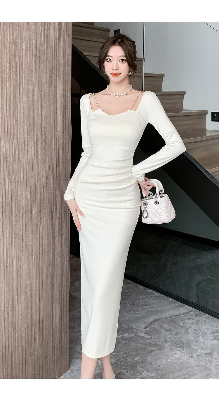 Chic French Style Chain Square Collar Dress Women's Elegant Bodycon Sheath Dress Niche Split Evening Dress Isn