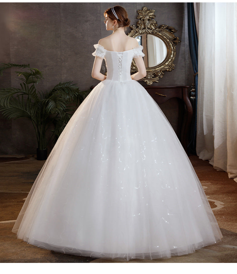 Wholesale Light Wedding Dress 2024 New Bridal off-Shoulder Simple French Starry Sky Flat Engagement Main Yarn Manufacturer