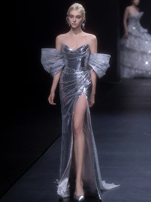 Sequined Evening Dress 2024 New Tube Top Split Silver Fishtail Dress Niche Banquet Host Yuji Dress