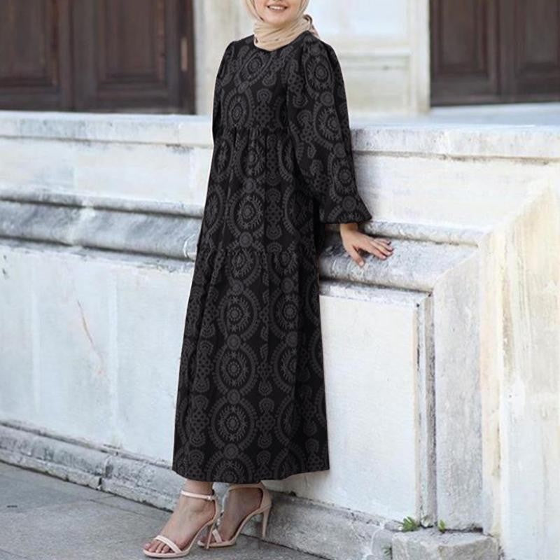 New Muslim Print Pattern round Neck Pullover Loose Casual Dress