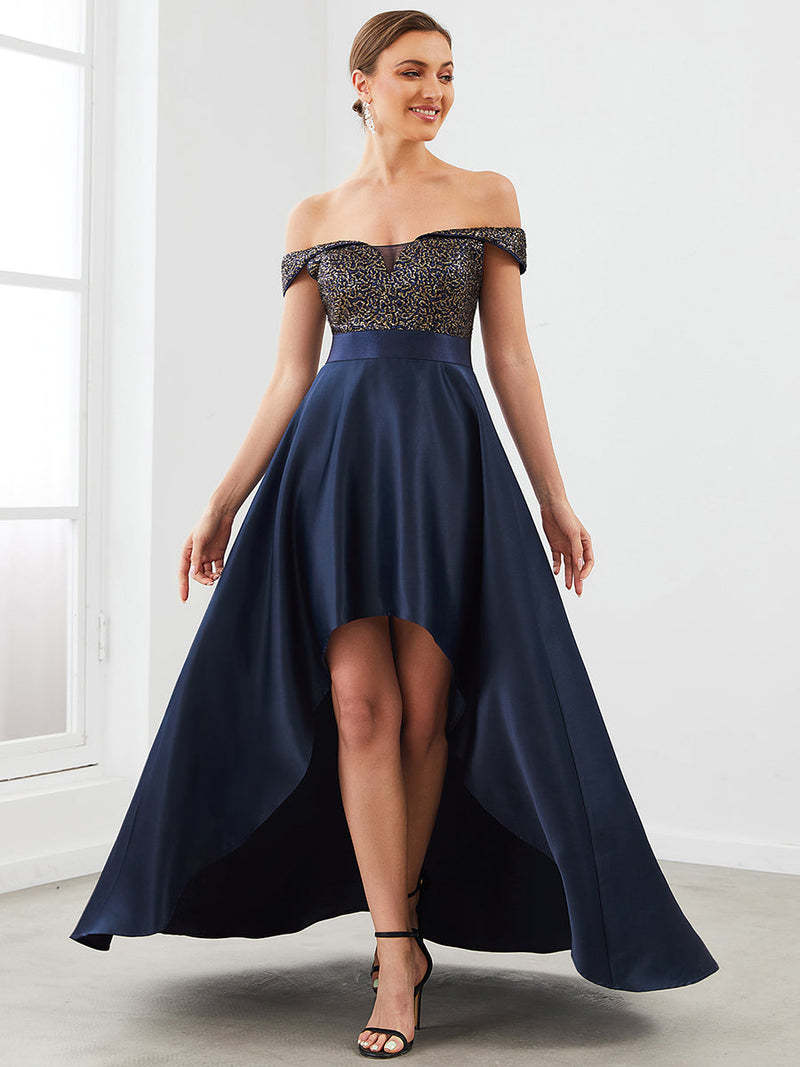 Europe and America Cross Border Foreign Trade off-Shoulder Evening Dress off-Shoulder Sequins High-End Banquet Graceful Satin Dress Small Tail