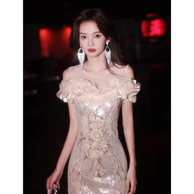 Fishtail Evening Dress 2024 New Sequined off-Shoulder Light Luxury Minority Host Banquet Heavy Work Waist-Tight Evening Dress