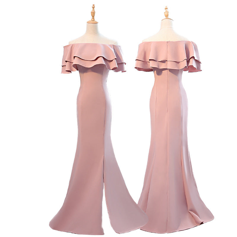 Ladybros' Dress 2023 Summer Autumn New Style off-Shoulder Annual Meeting Pink Figure Flattering Fishtail Dress for the Besties Bridesmaid Dress for Women