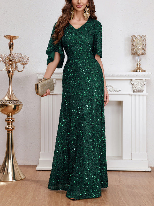 2024 Spring and Summer Cross-Border Independent Station New Fashion V-neck Sequins European and American Style Dress Mid-Waist Short-Sleeved Evening Dress