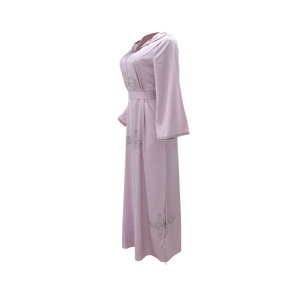 Xqy500157 Middle East Abaya Ethnic Style Dress Hooded Robe Fashion Diamond-Embedded Slits Lower Hem Dress