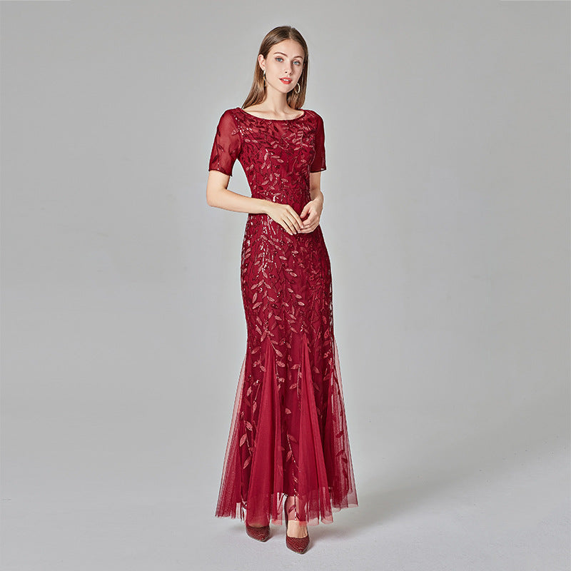 Spring and Summer Cross-Border 2024 Banquet Host European and American Slim Mesh Sequins Evening Dress Fishtail Dress Women