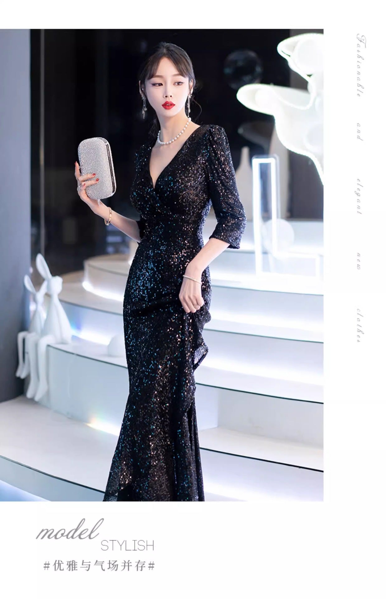 Black Evening Dress Light Luxury Female 2024 New Host Art Exam Sequined Fishtail Dress Summer Bridesmaid Dress