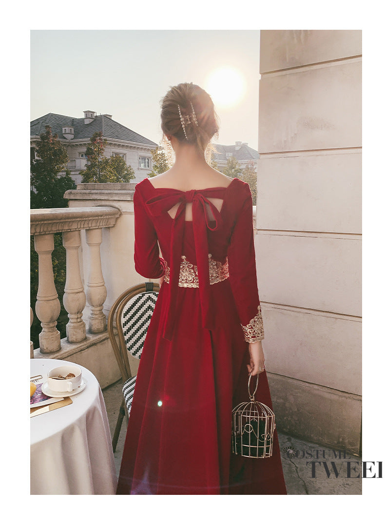 Toast Dress Bride 2024 New Autumn Velvet Long-Sleeved Red Back-to-Door Dinner Dress Marriage Engagement Toast