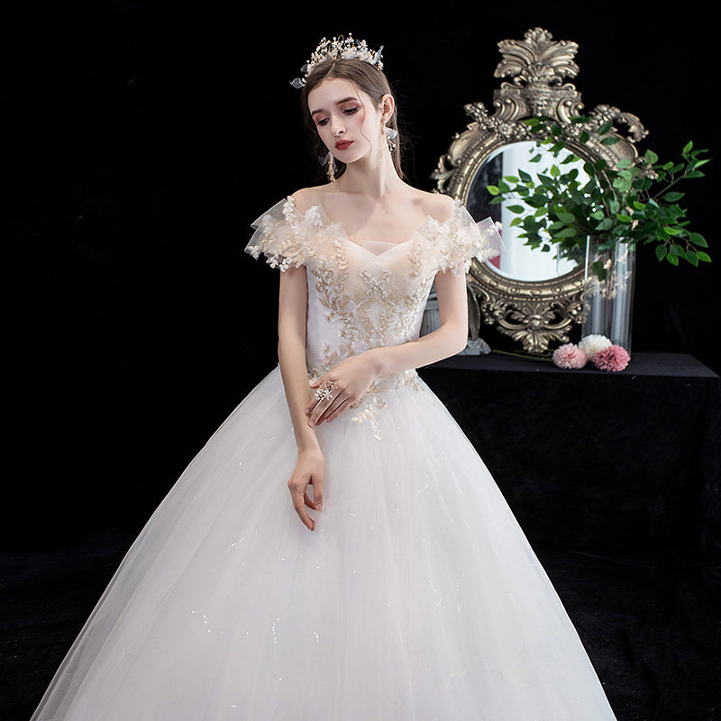 Wedding Dress Bridal New French Style Floor-Length Simple Forest Style Slimming Off-Shoulder Studio Light Wedding Dress H25