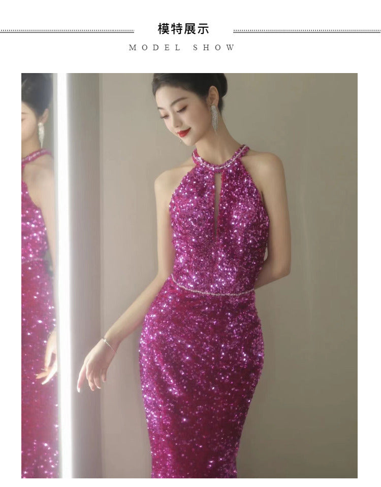 Dragon Fruit Dinner Dress 2024 New Sequined Fishtail Bridal Wedding Toast Backless Party Evening Dress