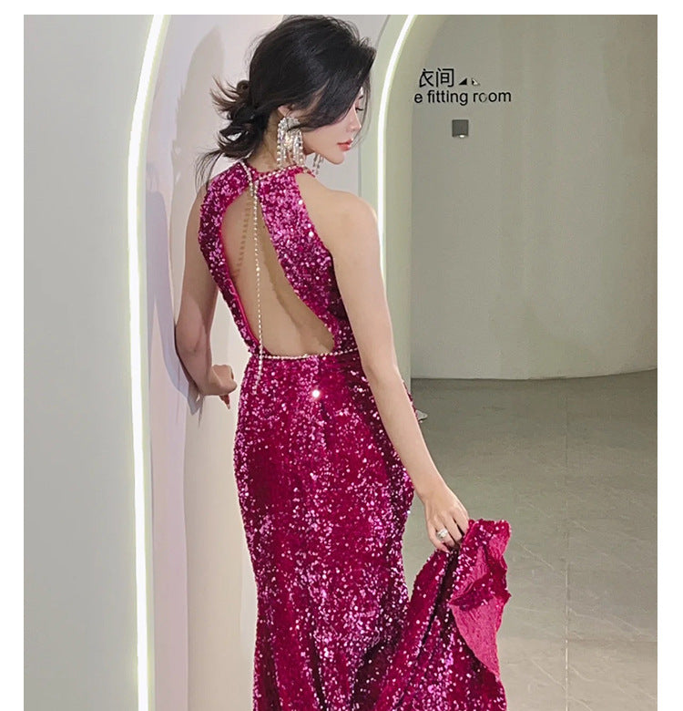 Rose Red Evening Dress Temperament Entry Lux Sense Backless Fishtail Engagement Dress Bridal Halter Toast Dress