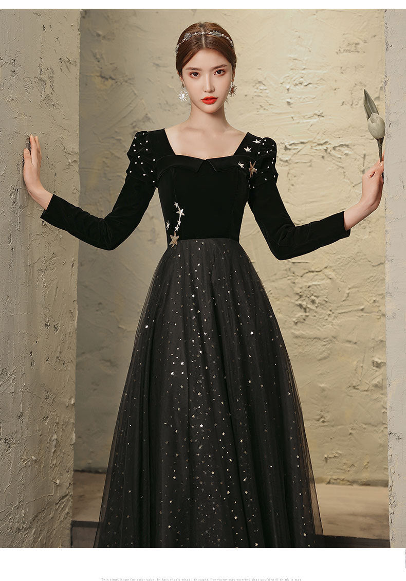 Banquet Evening Dress 2024 New Black Ladies Long Sleeves Graceful Formal Dress Host Performance Dinner Annual Meeting Gift